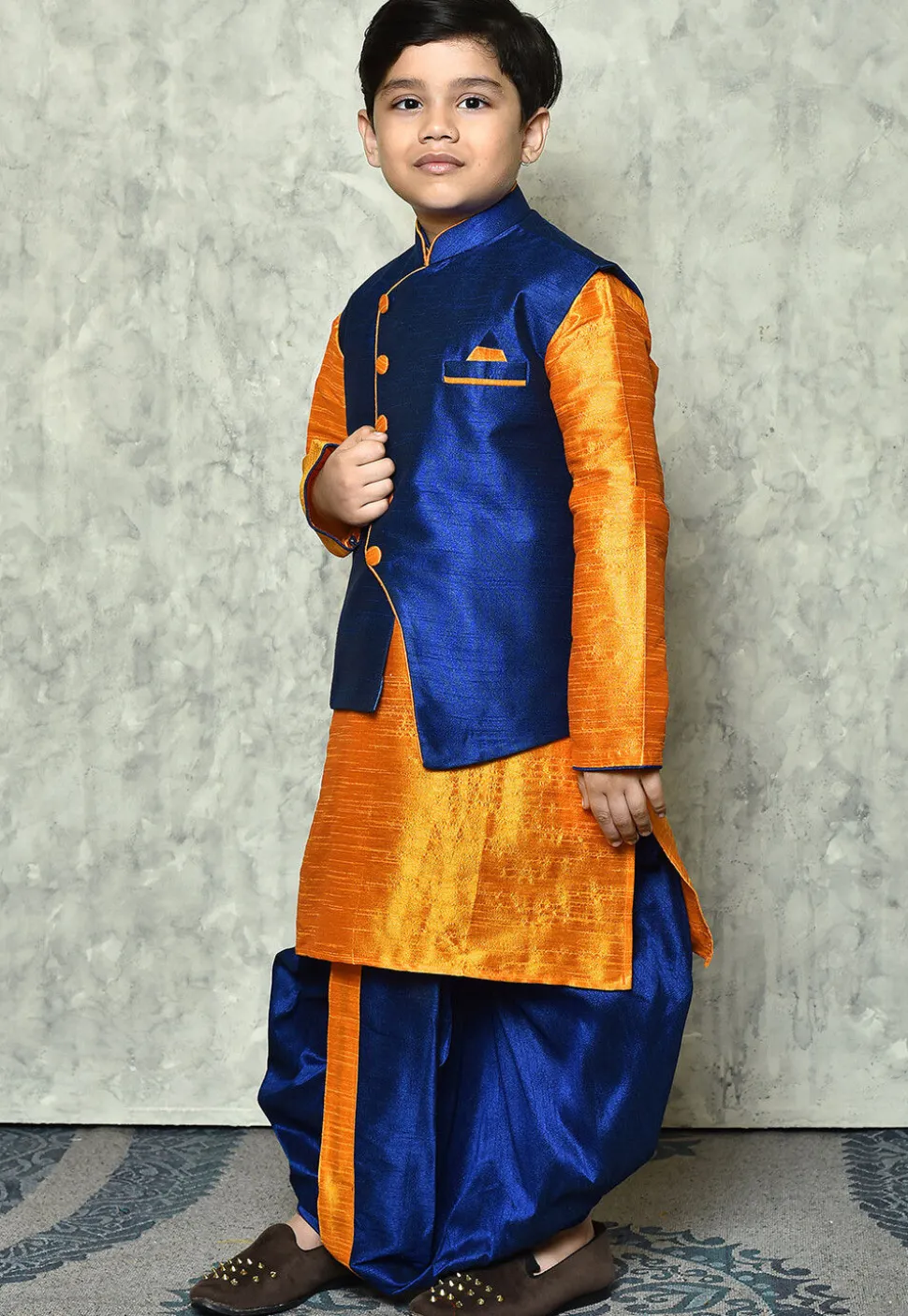 Contrast Trim Dupion Dhoti Kurta Jacket in Orange and Blue