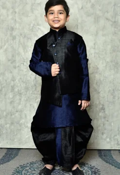 Contrast Trim Dupion Dhoti Kurta Jacket in Navy Blue and Black