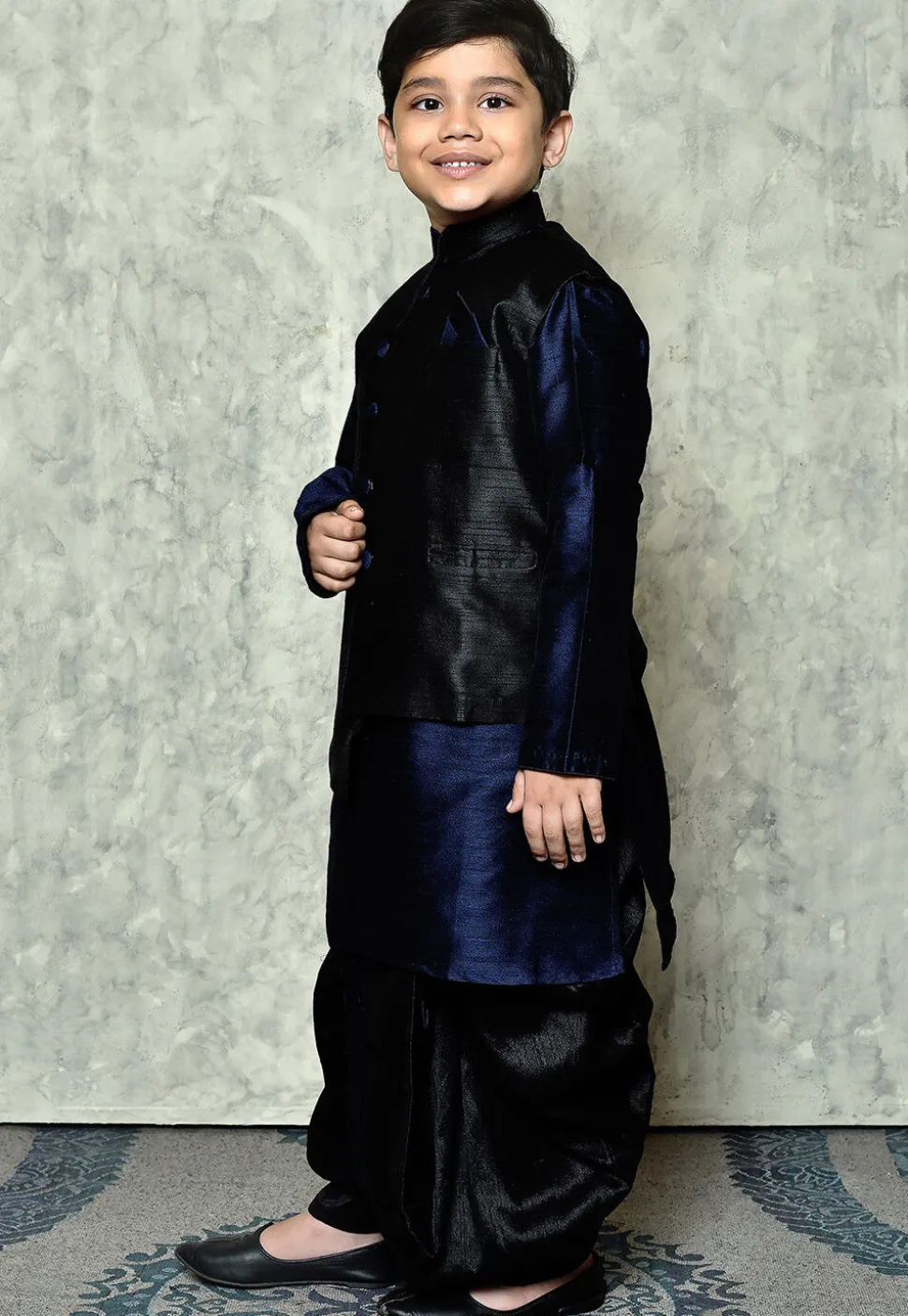 Contrast Trim Dupion Dhoti Kurta Jacket in Navy Blue and Black