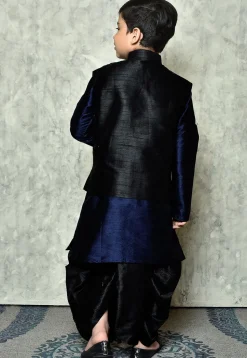 Contrast Trim Dupion Dhoti Kurta Jacket in Navy Blue and Black