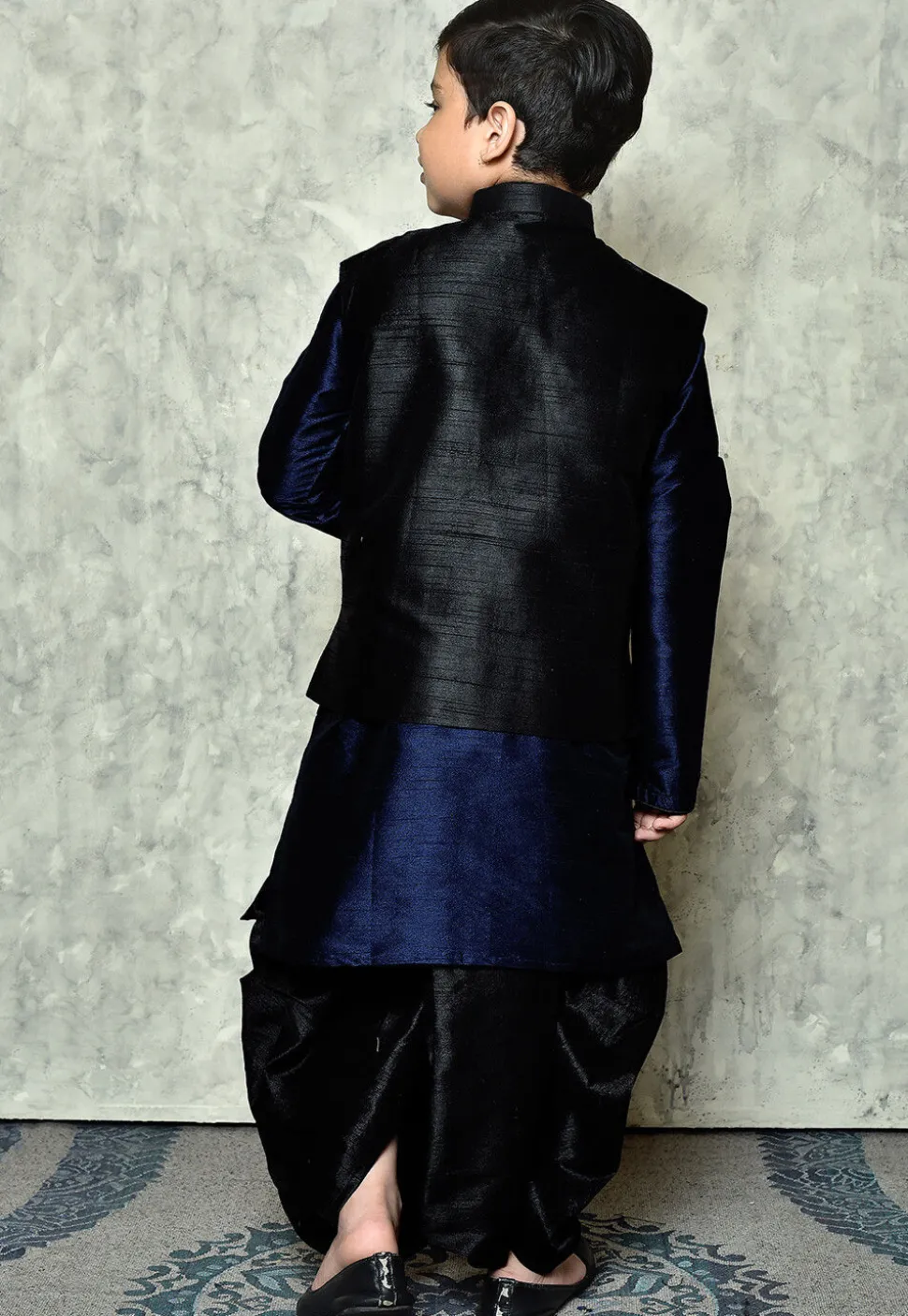Contrast Trim Dupion Dhoti Kurta Jacket in Navy Blue and Black