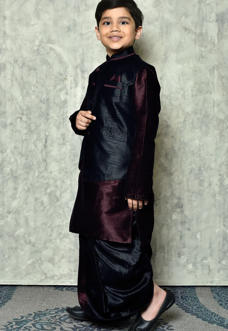 Contrast Trim Dupion Dhoti Kurta Jacket Set in Wine and Black
