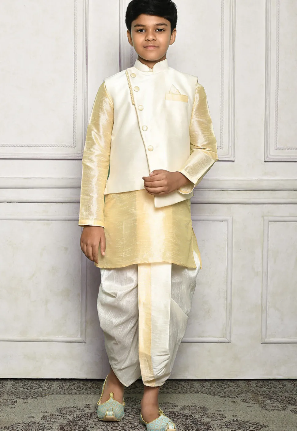 Contrast Trim Dupion Dhoti Kurta Jacket in Light Beige and White
