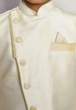 Contrast Trim Dupion Dhoti Kurta Jacket in Light Beige and White