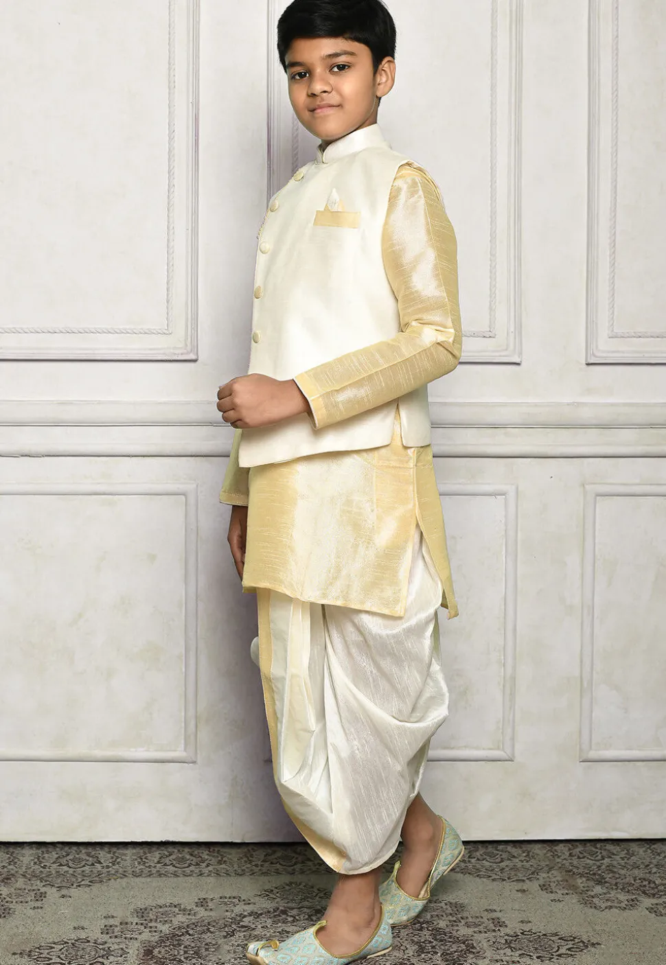 Contrast Trim Dupion Dhoti Kurta Jacket in Light Beige and White