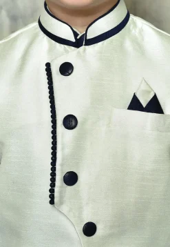 Contrast Trim Dupion Dhoti Kurta Jacket in Navy Blue and White