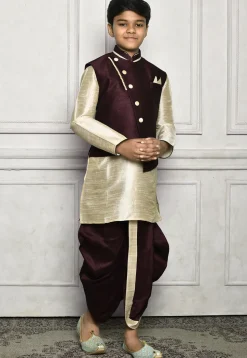Contrast Trim Dupion Dhoti Kurta Jacket in Light Beige and Wine