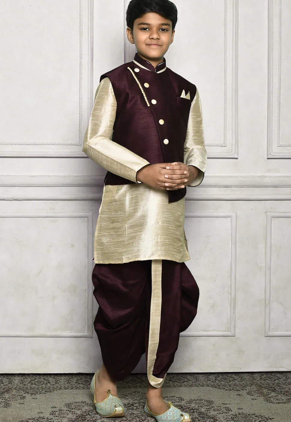 Contrast Trim Dupion Dhoti Kurta Jacket in Light Beige and Wine