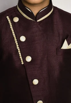 Contrast Trim Dupion Dhoti Kurta Jacket in Light Beige and Wine