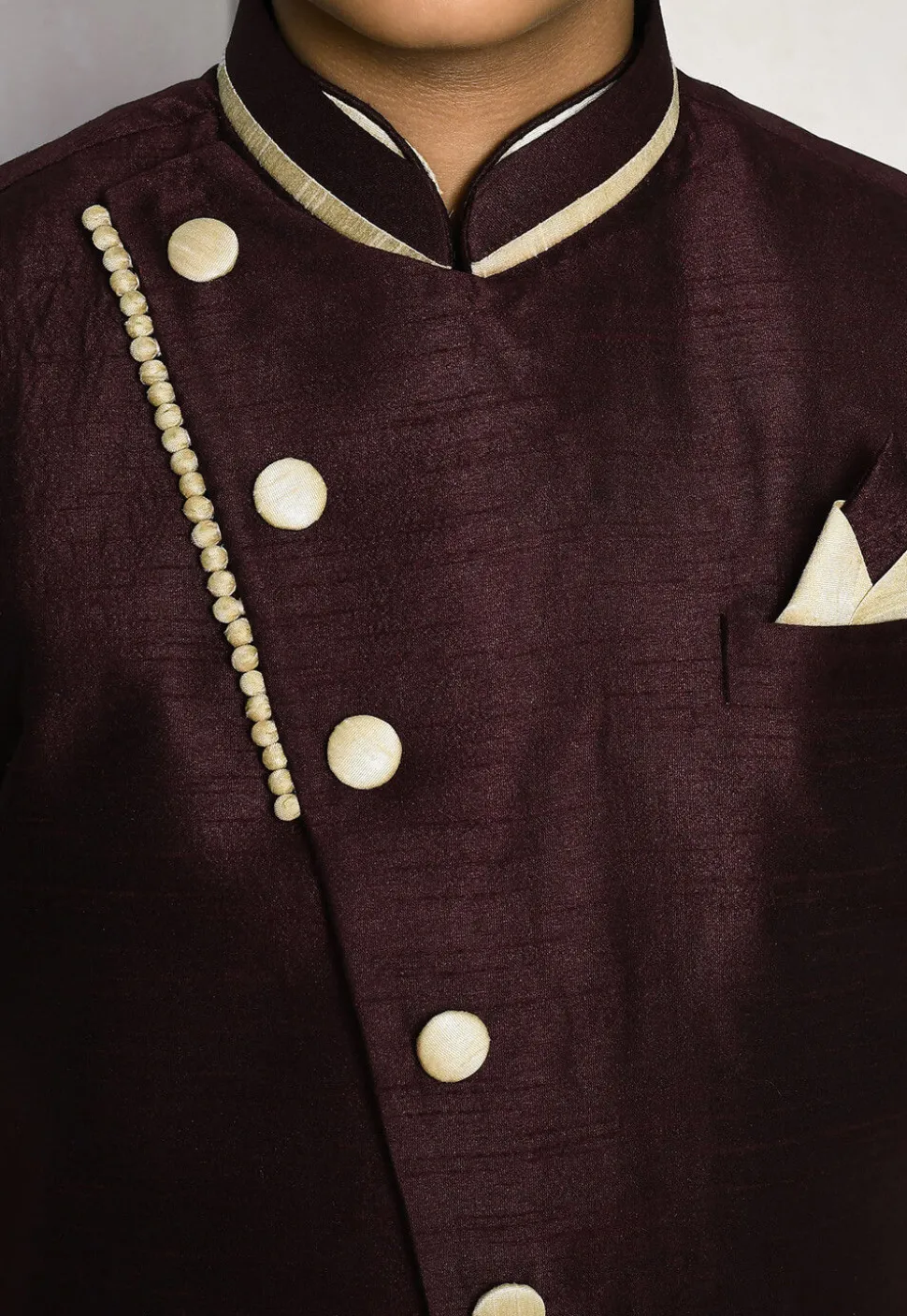 Contrast Trim Dupion Dhoti Kurta Jacket in Light Beige and Wine