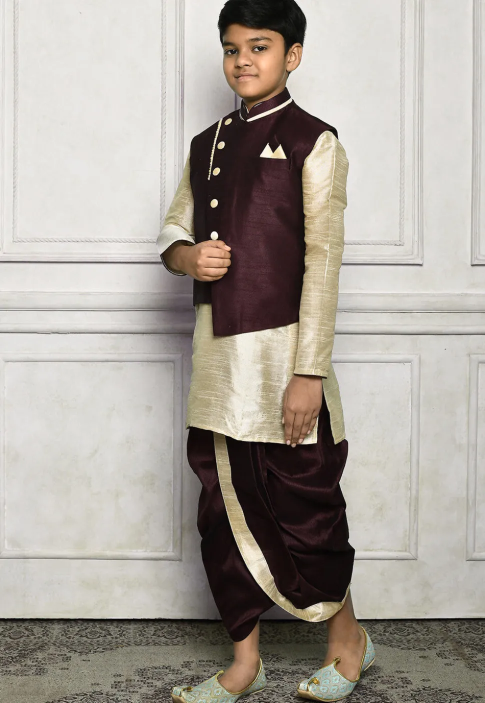 Contrast Trim Dupion Dhoti Kurta Jacket in Light Beige and Wine