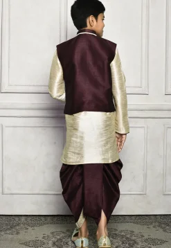 Contrast Trim Dupion Dhoti Kurta Jacket in Light Beige and Wine