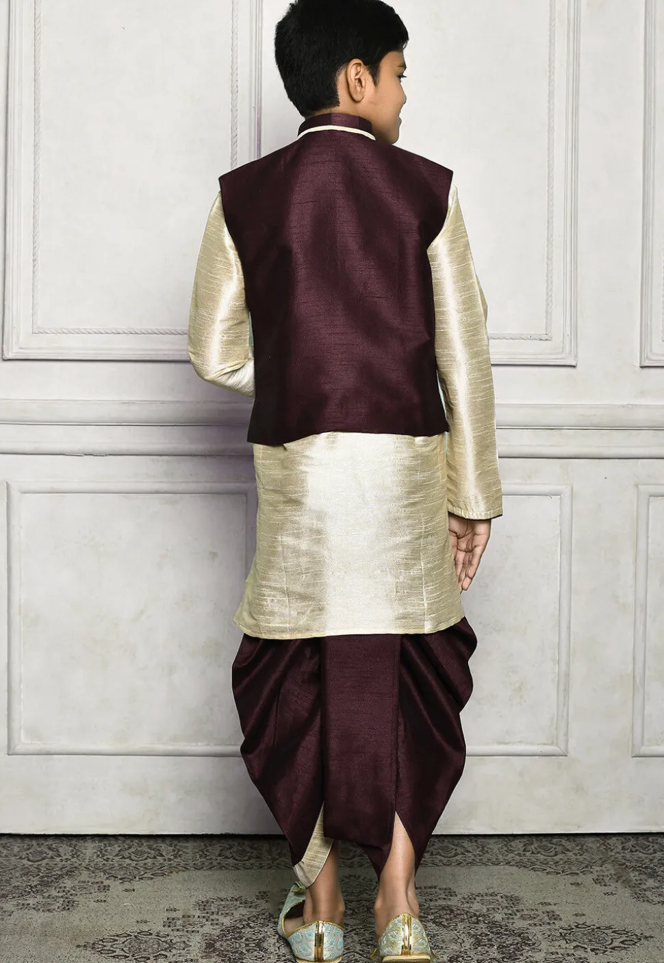 Contrast Trim Dupion Dhoti Kurta Jacket in Light Beige and Wine
