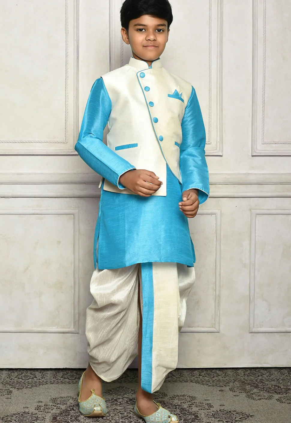 Contrast Trim Dupion Dhoti Kurta Jacket in Blue and White