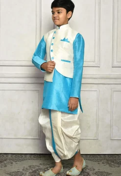 Contrast Trim Dupion Dhoti Kurta Jacket in Blue and White