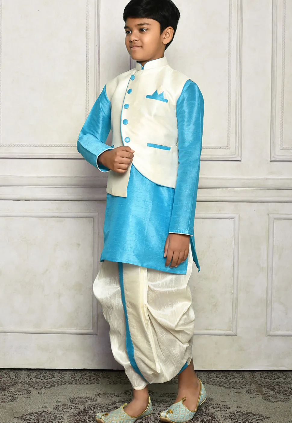 Contrast Trim Dupion Dhoti Kurta Jacket in Blue and White