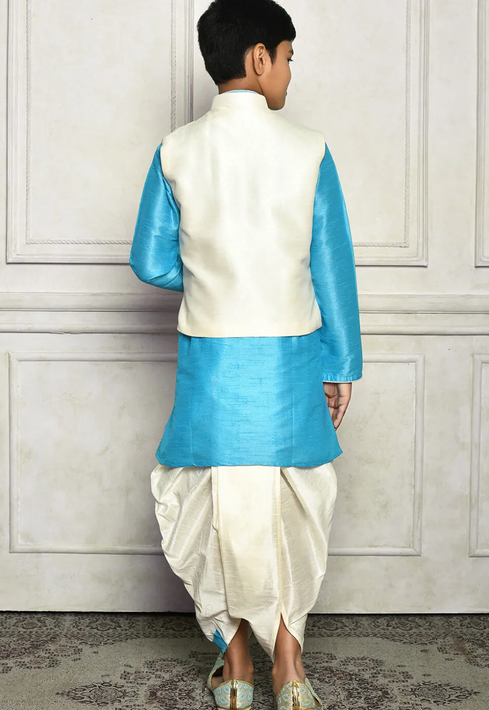 Contrast Trim Dupion Dhoti Kurta Jacket in Blue and White