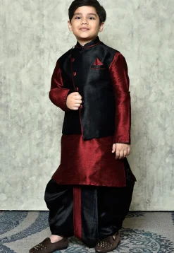 Contrast Trim Dupion Dhoti Kurta Jacket in Maroon and Black