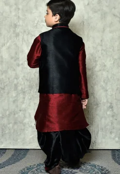 Contrast Trim Dupion Dhoti Kurta Jacket in Maroon and Black