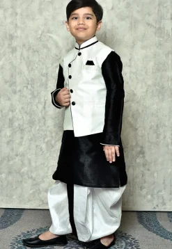 Contrast Trim Dupion Dhoti Kurta Jacket Set in Black and White