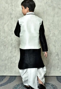 Contrast Trim Dupion Dhoti Kurta Jacket Set in Black and White