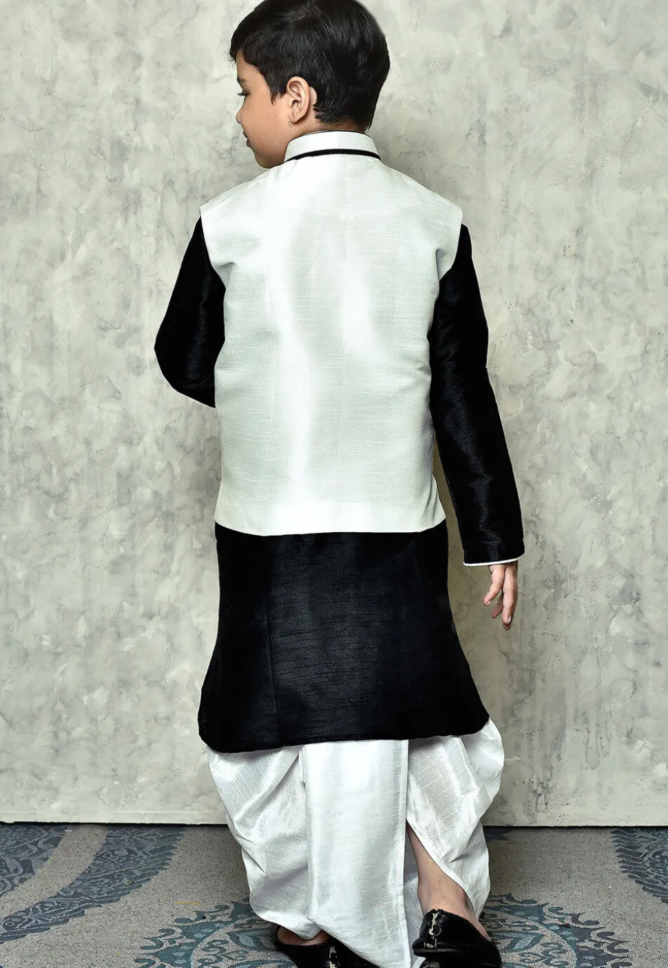 Contrast Trim Dupion Dhoti Kurta Jacket Set in Black and White