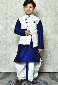 Contrast Trim Dupion Dhoti Kurta Jacket in Royal Blue and White