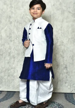 Contrast Trim Dupion Dhoti Kurta Jacket in Royal Blue and White