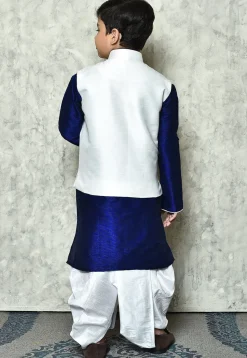 Contrast Trim Dupion Dhoti Kurta Jacket in Royal Blue and White