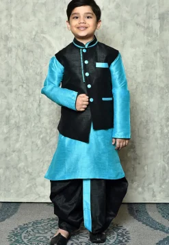 Contrast Trim Dupion Dhoti Kurta Jacket in Light Blue and Black