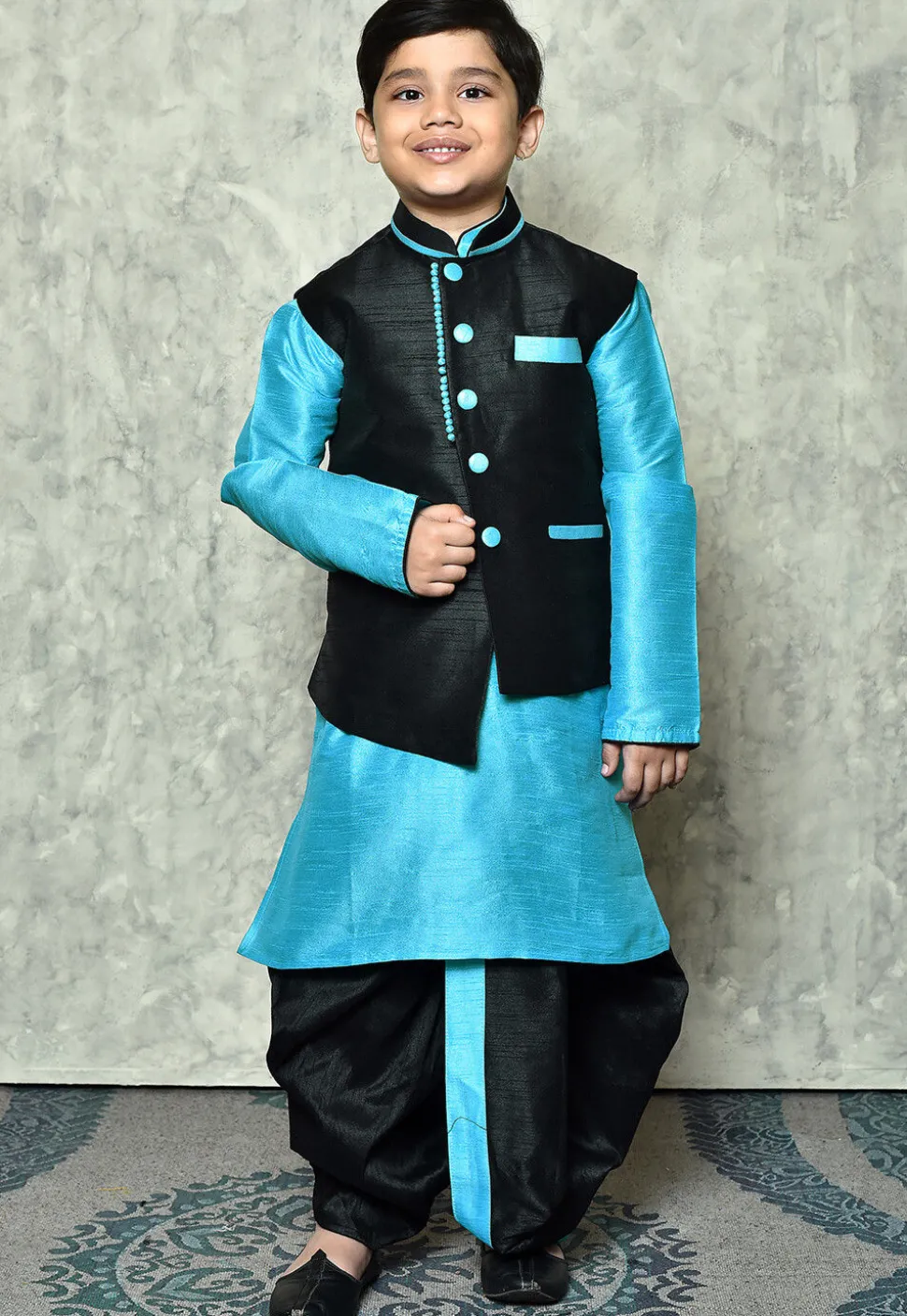 Contrast Trim Dupion Dhoti Kurta Jacket in Light Blue and Black