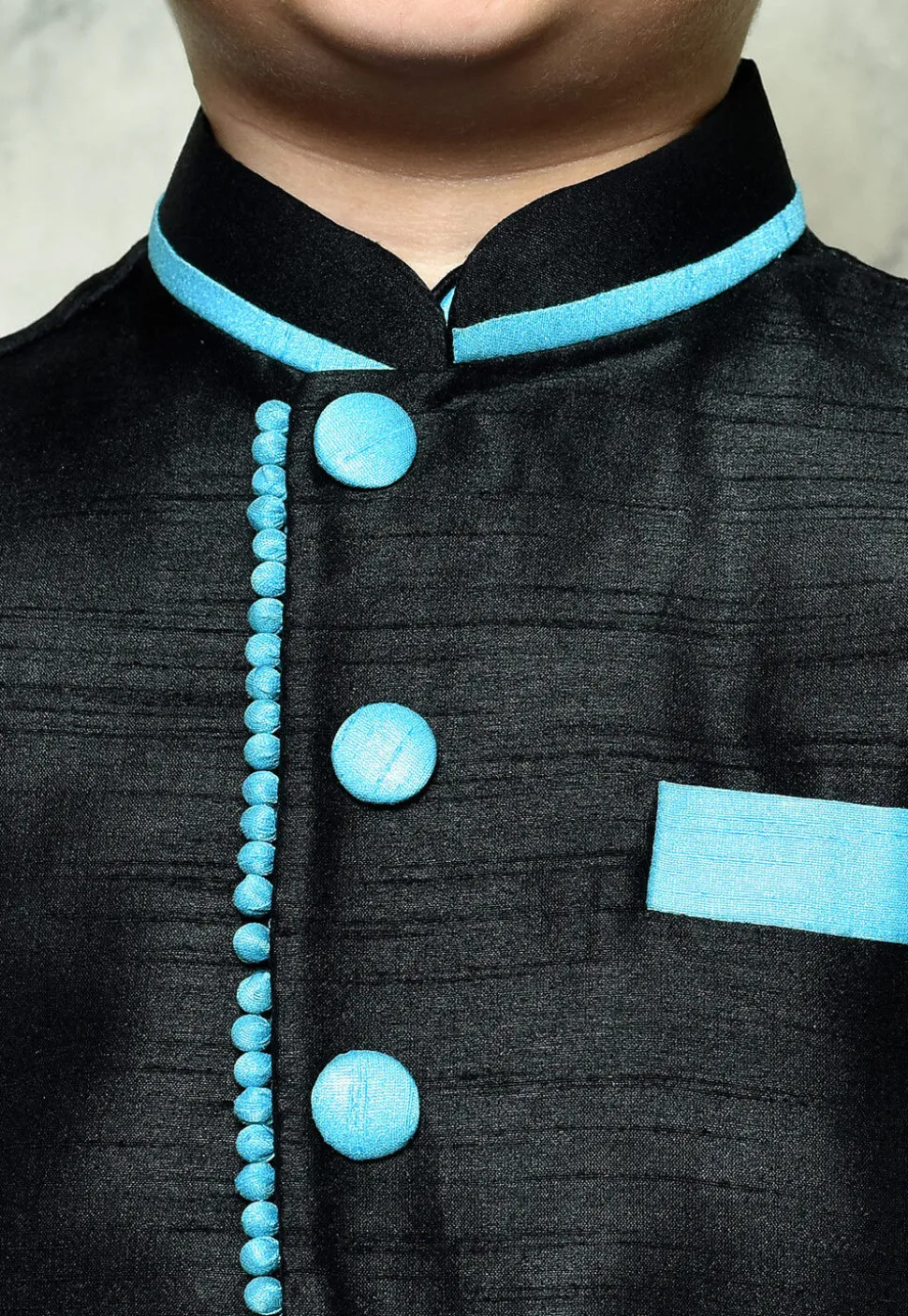 Contrast Trim Dupion Dhoti Kurta Jacket in Light Blue and Black