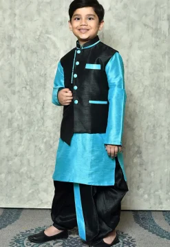 Contrast Trim Dupion Dhoti Kurta Jacket in Light Blue and Black