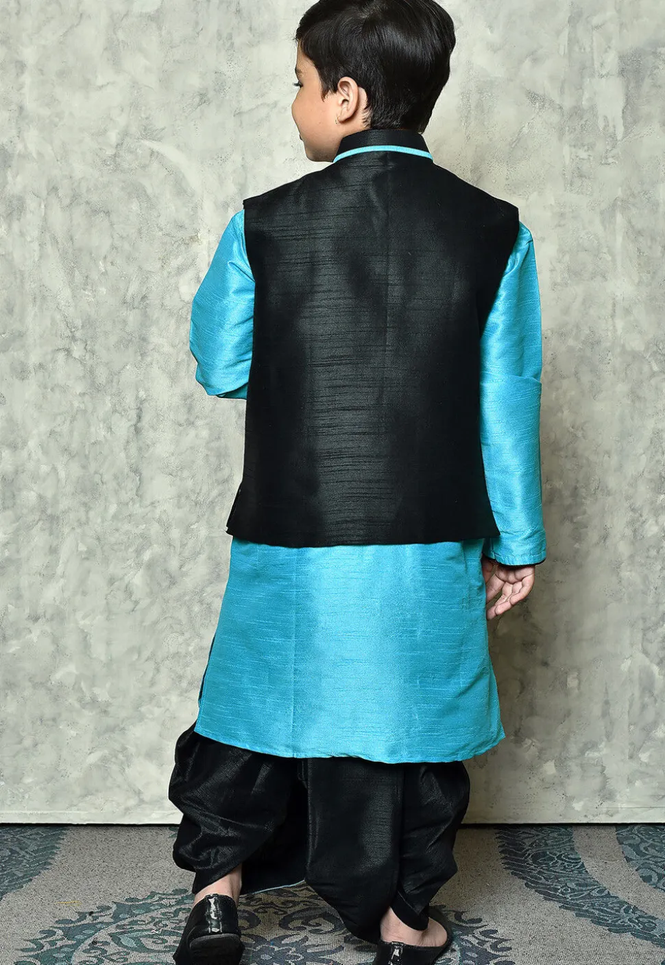 Contrast Trim Dupion Dhoti Kurta Jacket in Light Blue and Black