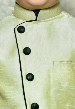 Contrast Trim Dupion Dhoti Kurta Jacket in Green