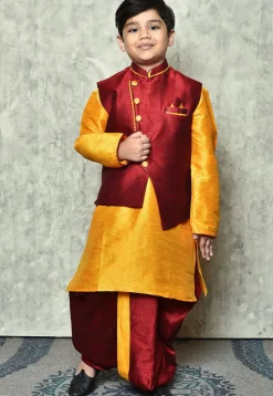 Contrast Trim Dupion Dhoti Kurta Jacket in Mustard and Maroon