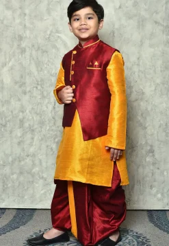 Contrast Trim Dupion Dhoti Kurta Jacket in Mustard and Maroon