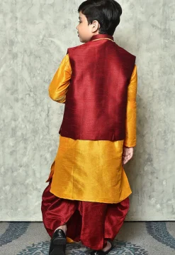 Contrast Trim Dupion Dhoti Kurta Jacket in Mustard and Maroon