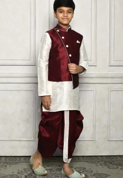 Contrast Trim Dupion Dhoti Kurta Jacket in Off White and Maroon