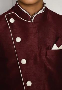 Contrast Trim Dupion Dhoti Kurta Jacket in Off White and Maroon
