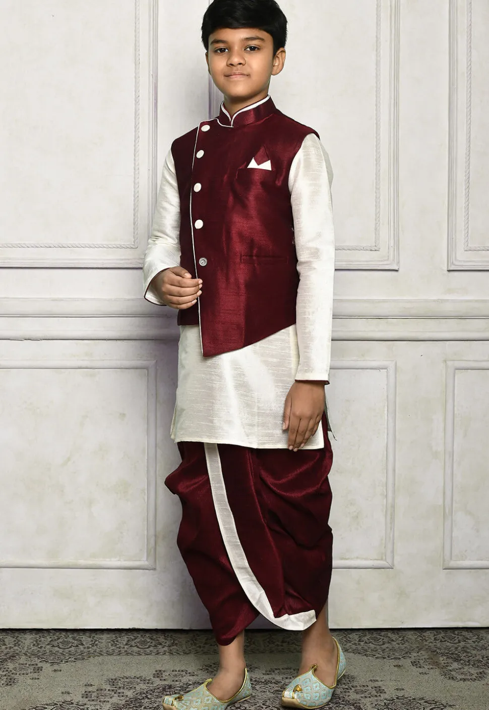 Contrast Trim Dupion Dhoti Kurta Jacket in Off White and Maroon