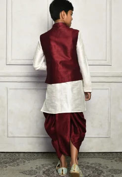 Contrast Trim Dupion Dhoti Kurta Jacket in Off White and Maroon