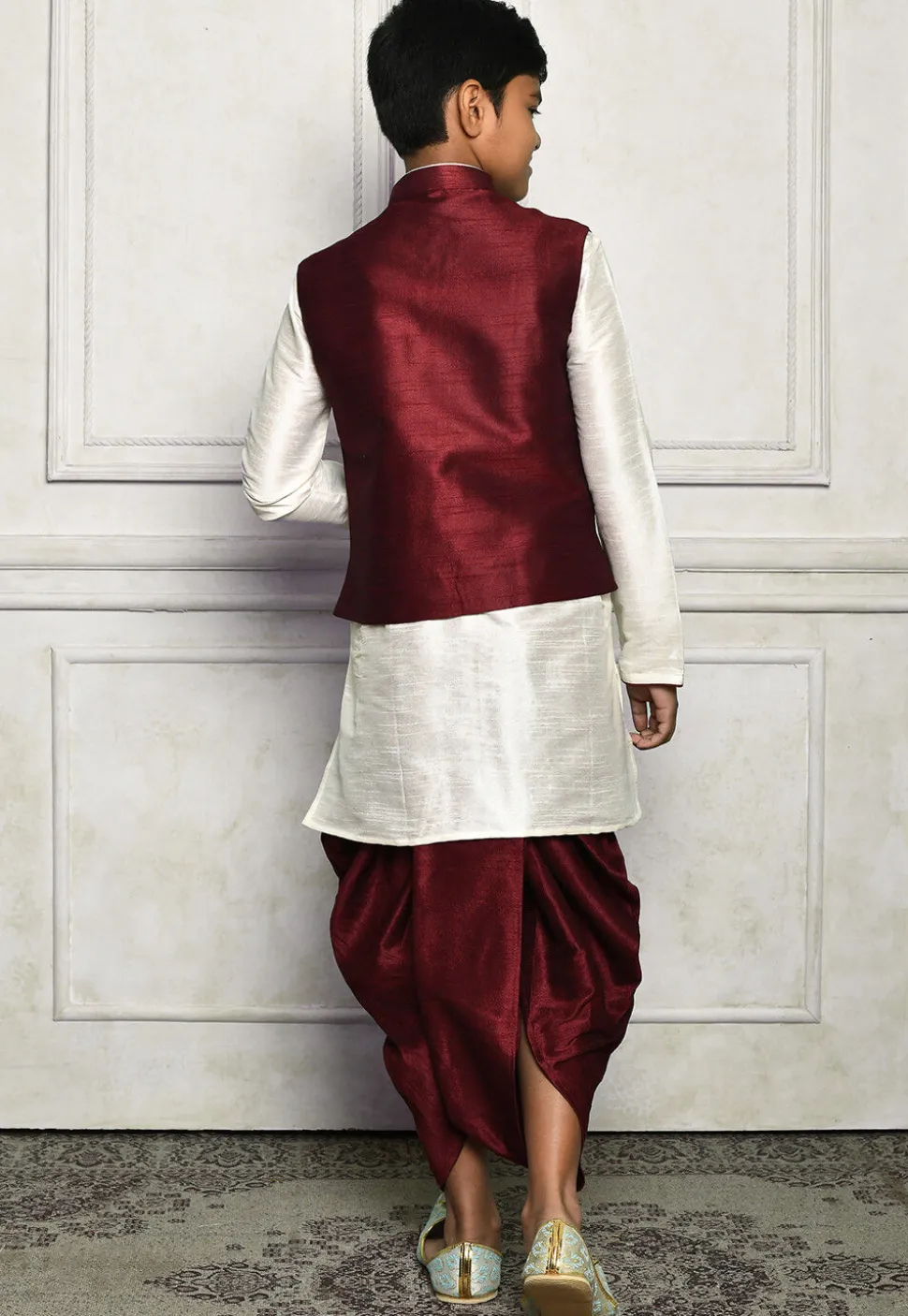 Contrast Trim Dupion Dhoti Kurta Jacket in Off White and Maroon