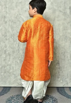 Contrast Trim Dupion Silk Dhoti Kurta in Orange