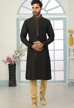 Contrast Trim Dupion Silk Kurta Set in Black