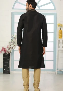 Contrast Trim Dupion Silk Kurta Set in Black