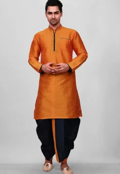 Contrast Trim Dupion Silk Dhoti Kurta in Orange