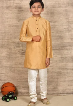 Contrast Trim Dupion Silk Kurta Set in Peach