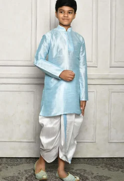 Contrast Trim Dupion Silk Dhoti Kurta in Sky Blue