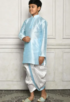 Contrast Trim Dupion Silk Dhoti Kurta in Sky Blue